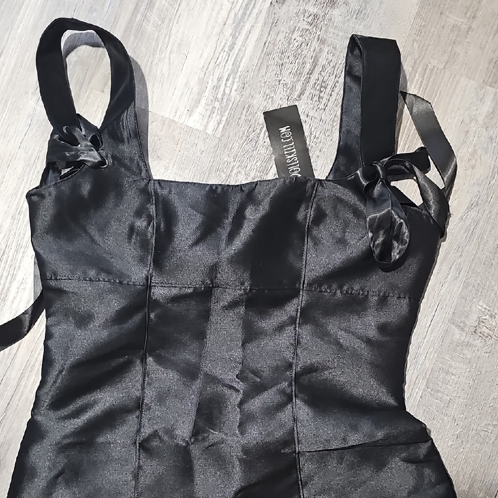 NWT Pixie Stardust Black Satin Dress with Ribbon Straps - Picture 3 of 7